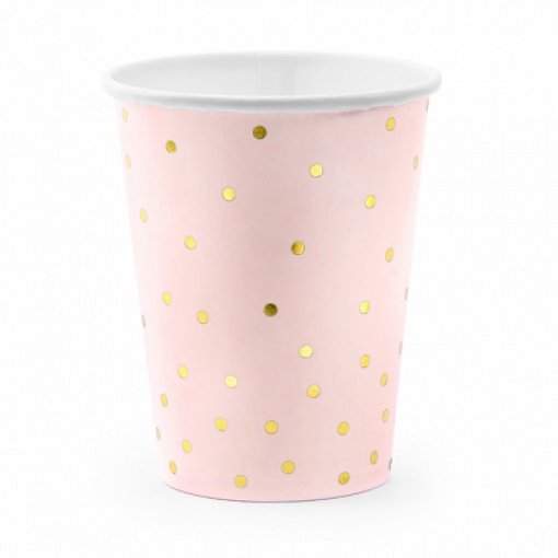 6 Copos Papel 260ml Rosa Claro Bolas Dourado Foil