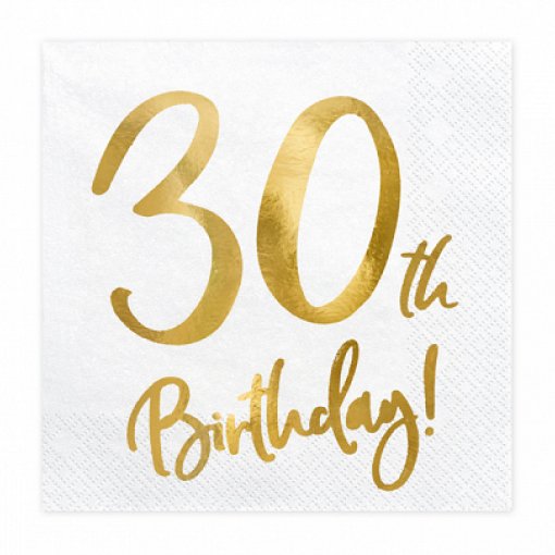 20 Guardanapos 33x33cm '30th Birthday' Branco e Dourado Foil