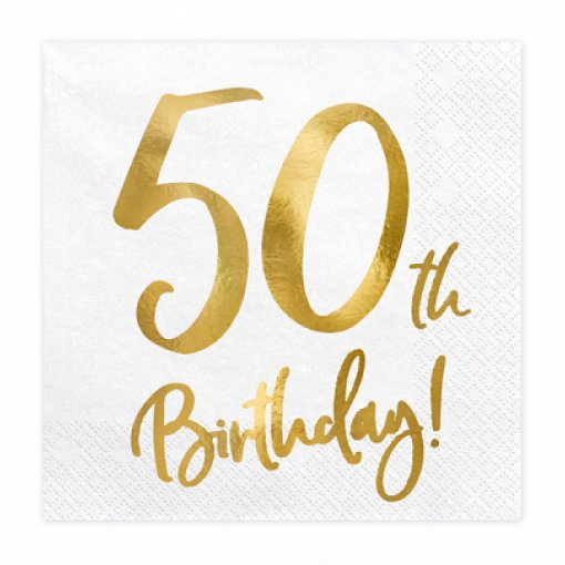 20 Guardanapos 33x33cm '50th Birthday' Branco e Dourado Foil