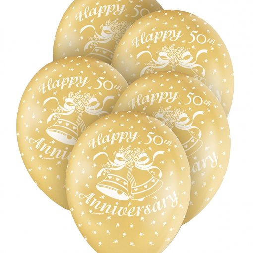 5 Balões Latex 12'' 'Happy Anniversary' Dourado nº 50