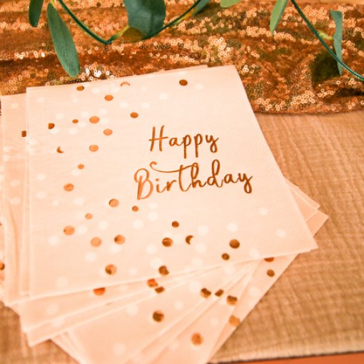 16 Guardanapos 33cm Happy Birthday Confettis Rose Gold