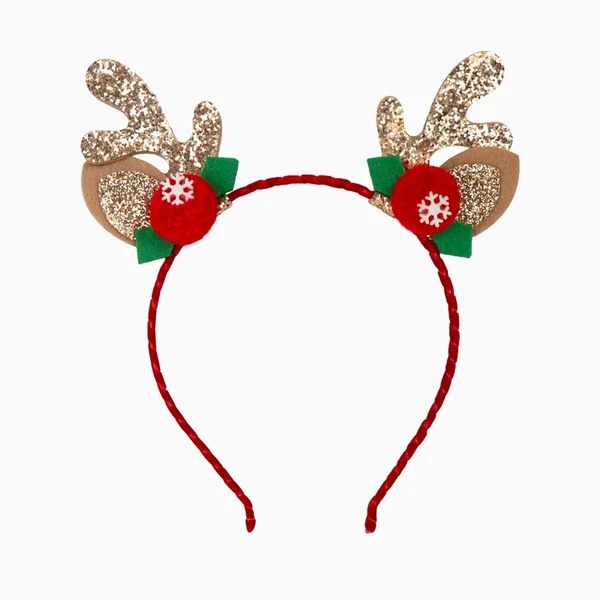 Bandolete de Natal com Chifres de Rena Dourados e Pompons Vermelhos
