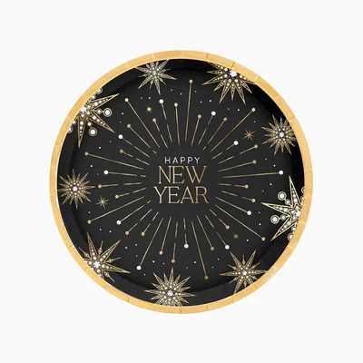 6 Pratos 23cm Happy New Year Preto e Dourado
