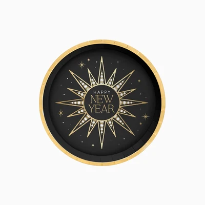 6 Pratos 17cm Happy New Year Preto e Dourado