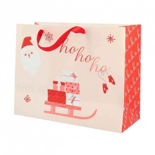 Saco de Presente 26x33x13,5cm Christmas Vibes Ho Ho Ho Rosa Claro e Vermelho Natal
