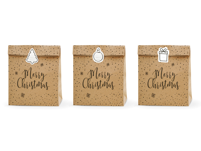 3 Sacos de oferta Presentes 25x11x27cm Merry Christmas Kraft