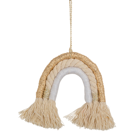 Macramé 12x11cm Arco-Íris Marfim, Branco e Dourado