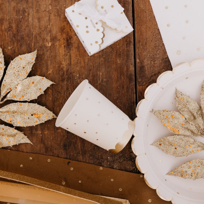 8 Copos 255ml Branco Pintas Dourado Foil