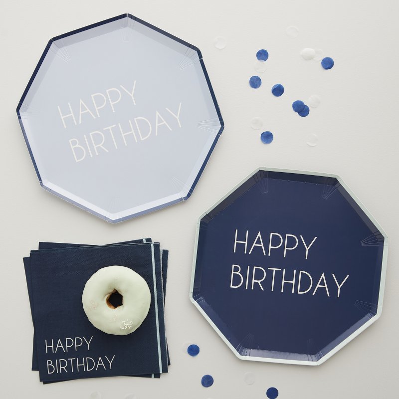 8 Pratos 25cm Happy Birthday Azul