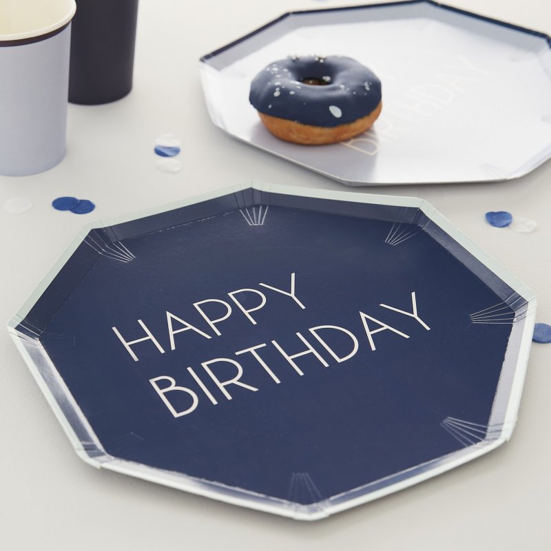 8 Pratos 25cm Happy Birthday Azul