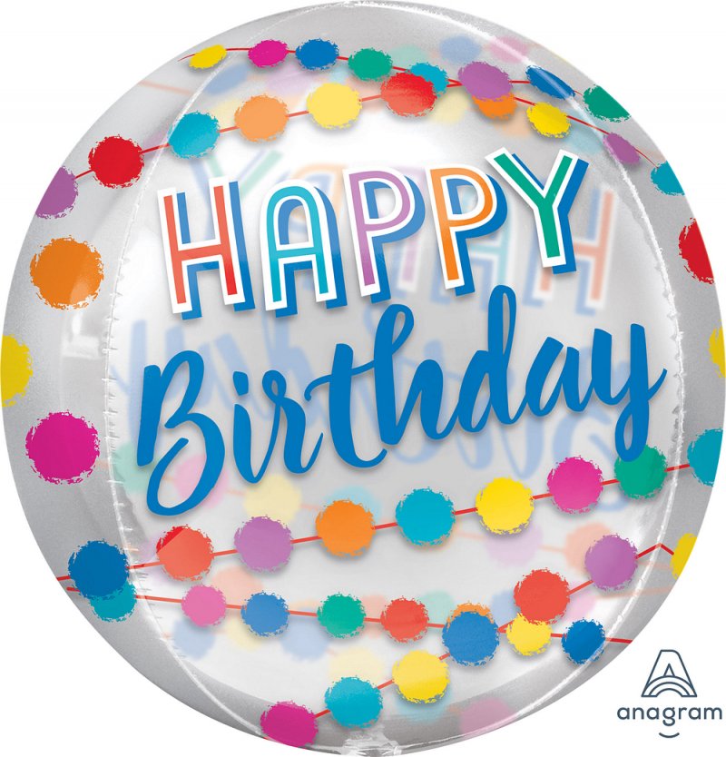 Balão Foil Orbz 38x40cm Clear Happy Birthday Rainbow Puffs