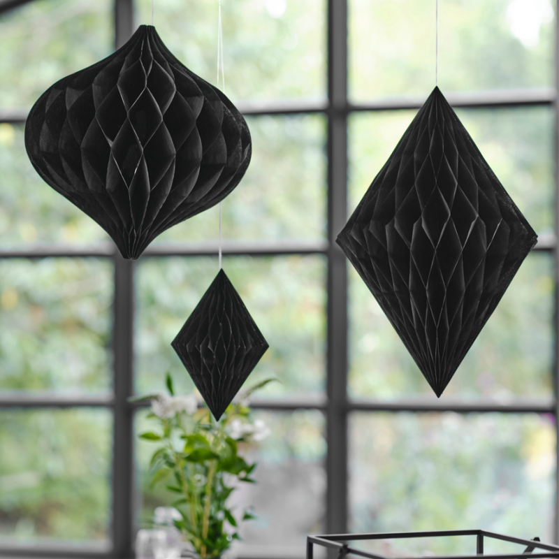 3 Decorações Pendentes Papel Honeycomb Preto