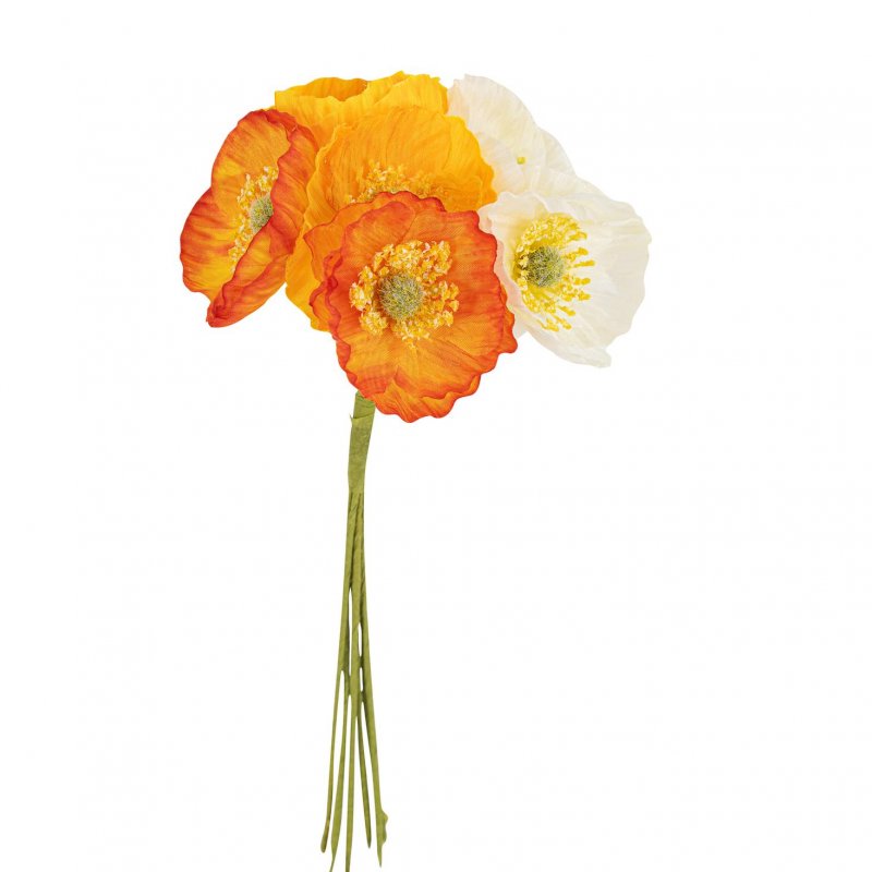 Bouquet 6 Papoilas 5x23cm Laranja, Amarelas e Brancas
