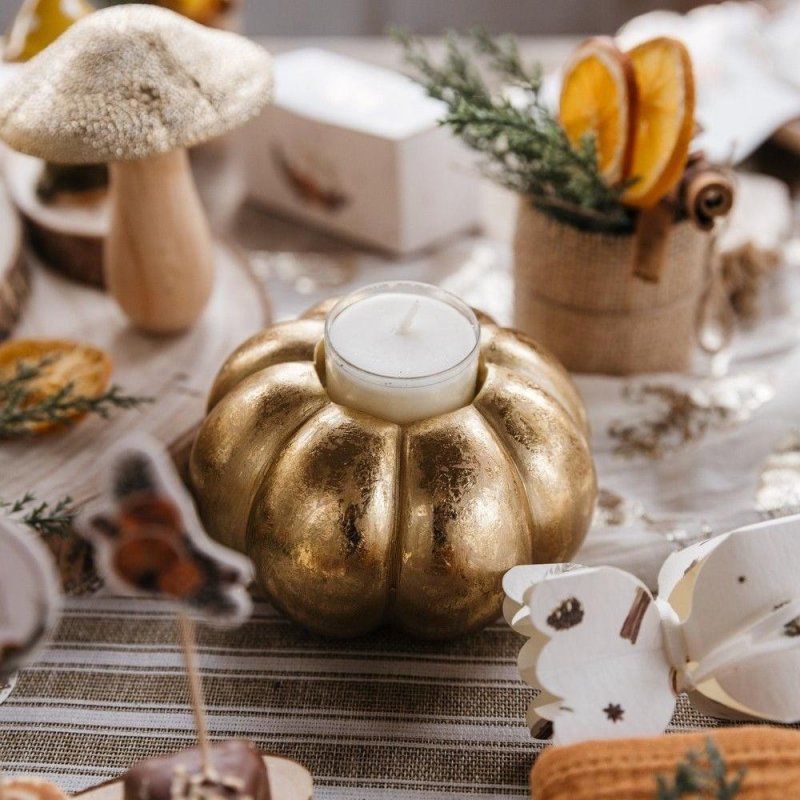 Castiçal Abóbora Resina Dourada Ø10,5x6,6cm