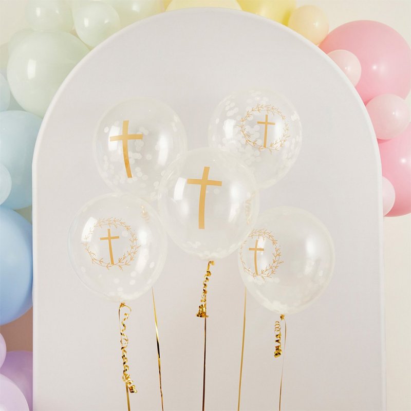 5 Balões Látex Confettis 30cm Cruz Dourada