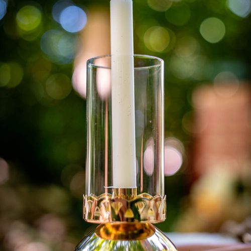 Castiçal em vidro e metal dourado 10x29,5cm