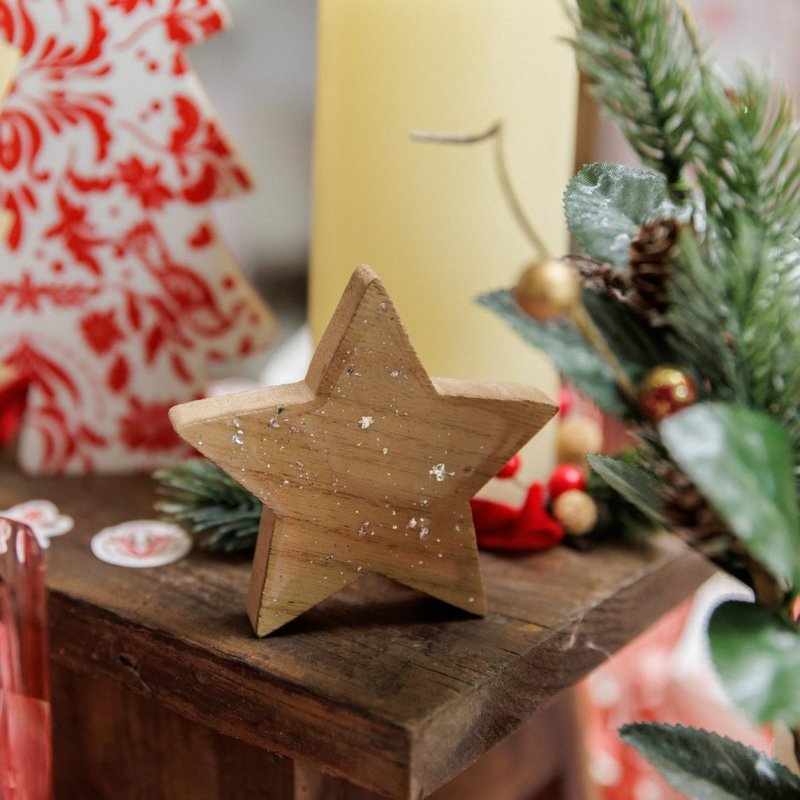 Estrela de Madeira 7,5x7,5x1,5cm Glitter Prateado