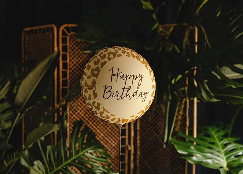 Balão Foil 35x35cm “Happy Birthday” com Animal Print Leopardo