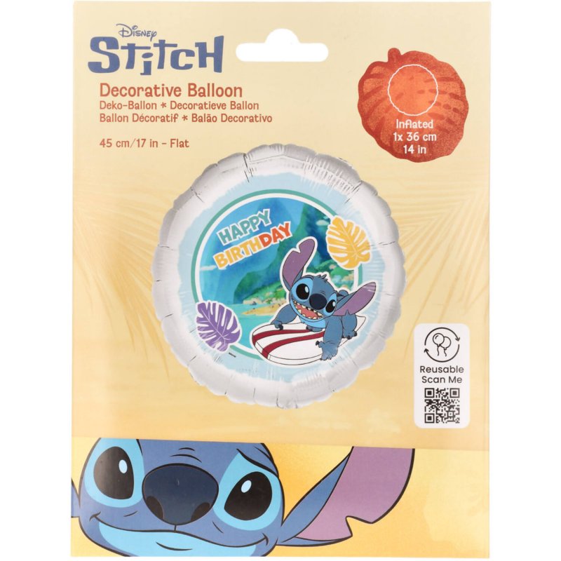 Balão Foil 45cm Stitch Surfer Happy Birthday