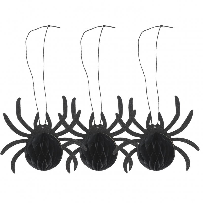 3 Aranhas Papel Favo e Glitter Preto 14x12x6cm