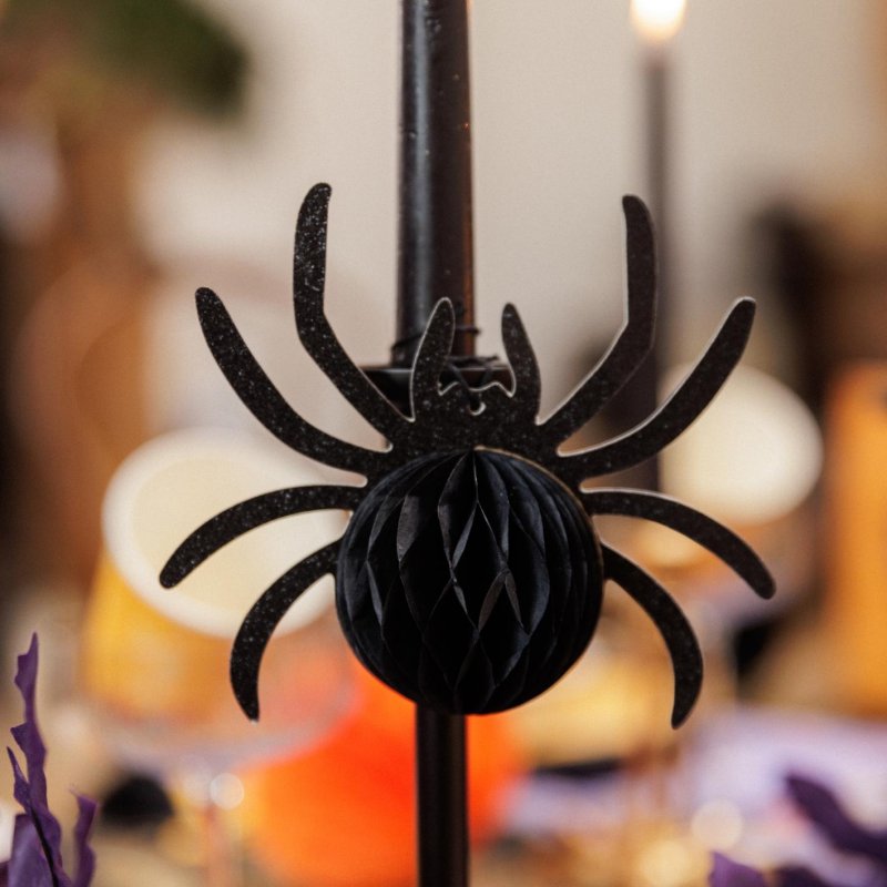 3 Aranhas Papel Favo e Glitter Preto 14x12x6cm