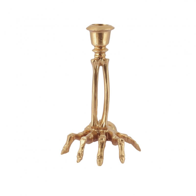 Castiçal Mão de Esqueleto Resina Dourado 10,5x15cm