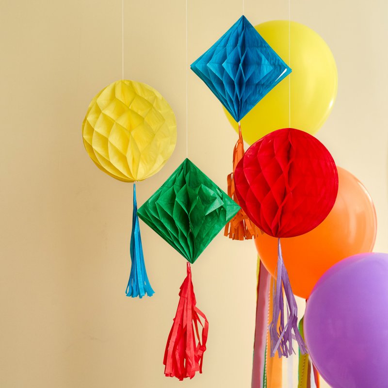 4 Decorações Honeycomb com Tassels - Playful Brights