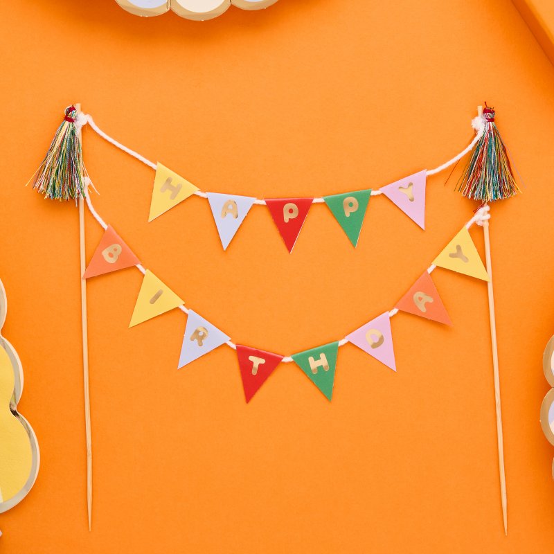 Topo de Bolo Happy Birthday com Bandeirolas 20x17cm - Playful Brights