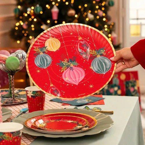 2 Pratos Bandejas Redondas 30cm Bolas de Natal