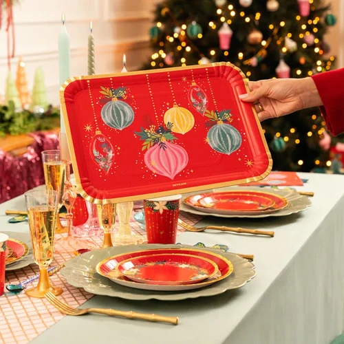 2 Pratos Bandejas Retangulares 25x34cm Bolas de Natal Vermelhas