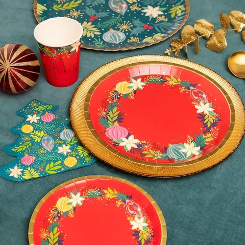 6 Pratos 17cm Bolas de Natal Vermelhos e Dourados