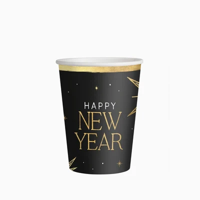 6 Copos 270ml Happy New Year Preto e Dourado