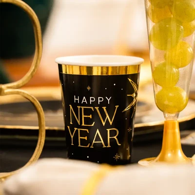 6 Copos 270ml Happy New Year Preto e Dourado