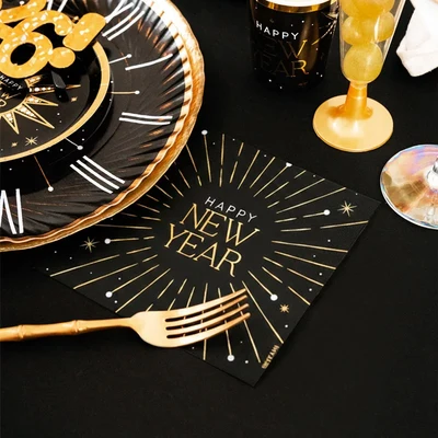 30 Guardanapos 33x33cm Happy New Year Preto e Dourado