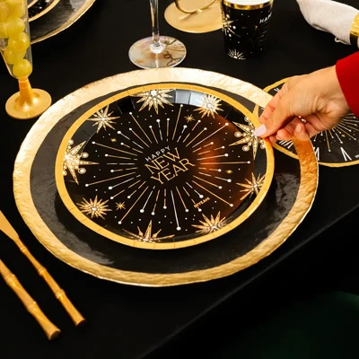6 Pratos 23cm Happy New Year Preto e Dourado