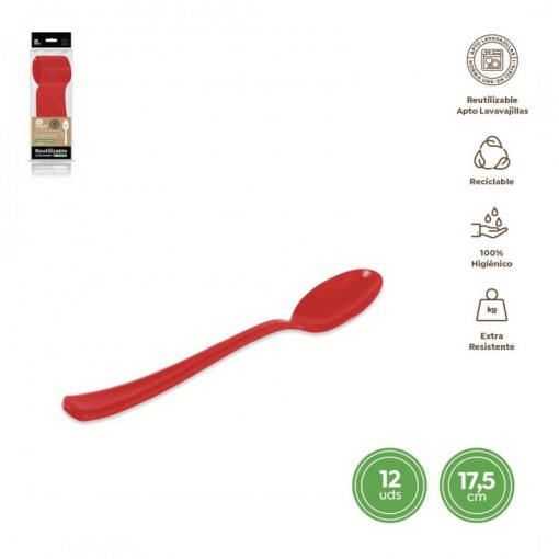 12 Colheres Plástico 17,5cm Vermelho