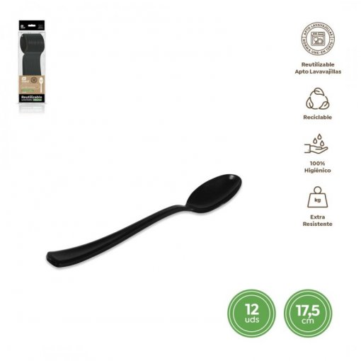 12 Colheres Plástico 17,5cm Preto