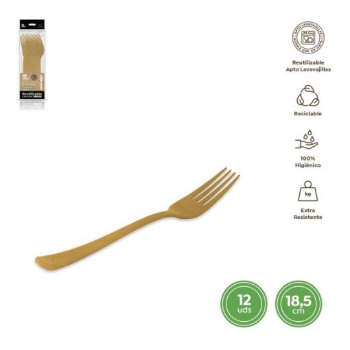 12 Garfos Plástico 18,5cm Dourado