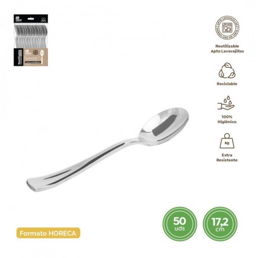 50 Colheres Plástico 17,5cm Prateado Metálico