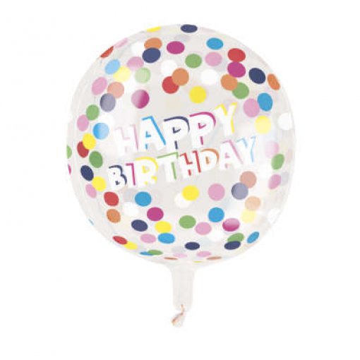Balão Foil Orbz Transparente Happy Birthday Polka Dot 38,1cm