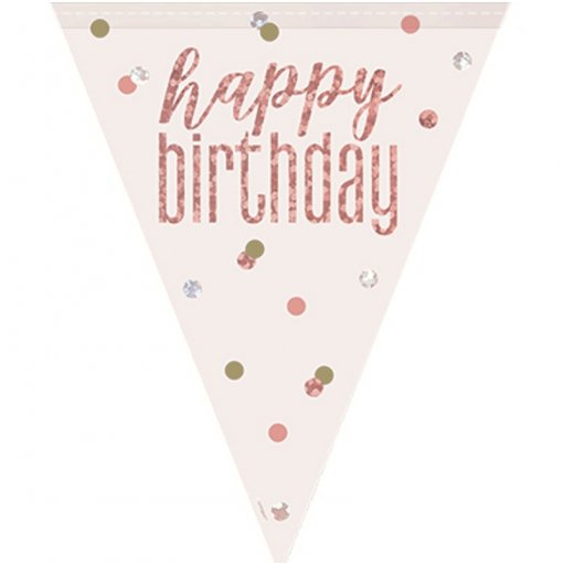 Bandeira Triangular Foil 2,75m 'Happy Birthday' Glitz Rose Gold