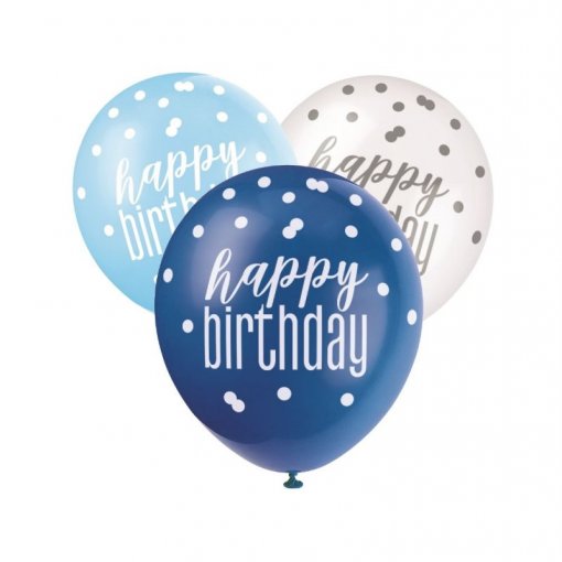 6 balões Latex 12'' Happy Birthday Azul & Branco