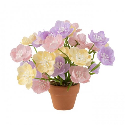 Arranjo de Flores com Vaso em Terracota Rosa, Lilás e Amarelo 12x14 cm