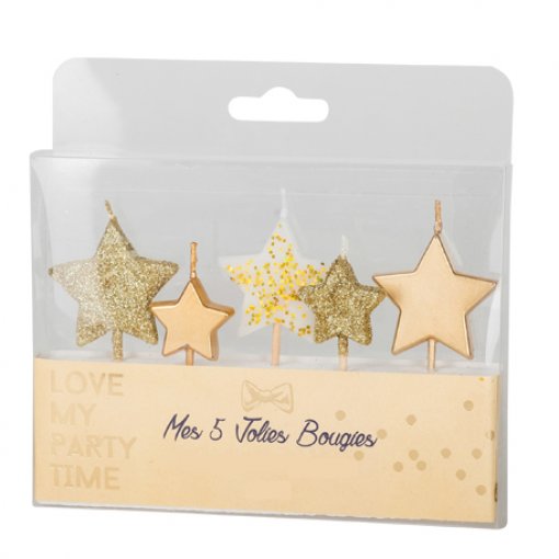 5 Velas de Aniversário 7cm Estrelas Dourado Glitter