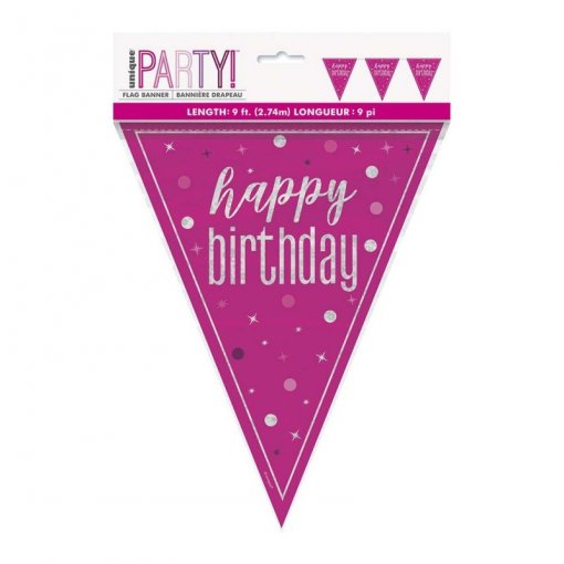 Bandeira Triangular Foil 2,74m 'Happy Birthday' Glitz Rosa