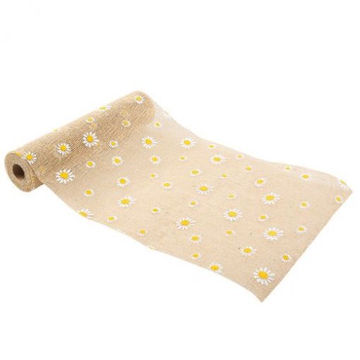 Corredor de Mesa 28cm x 5m de Juta com Flores Margaridas