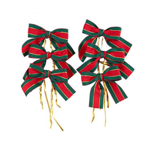 6 Laços de Tecido 7cm Vermelho, Verde e Dourado