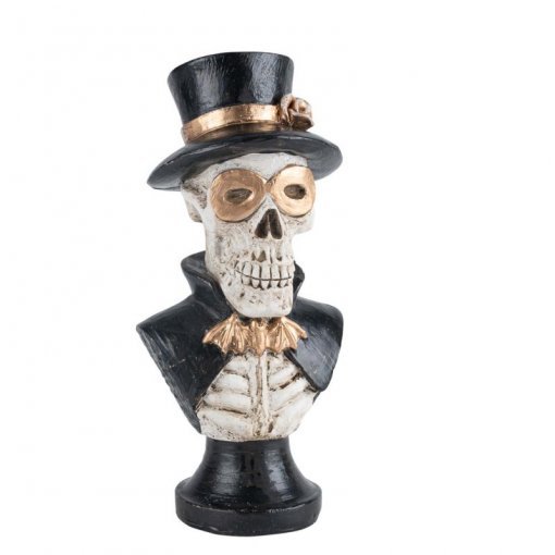 Busto Esqueleto Dandy em Base de Resina Preta, Branca e Dourada 21x10cm