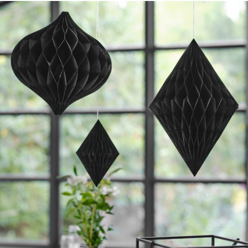 3 Decorações Pendentes Papel Honeycomb Preto