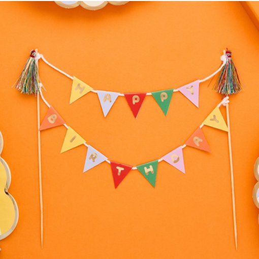Topo de Bolo Happy Birthday com Bandeirolas 20x17cm - Playful Brights